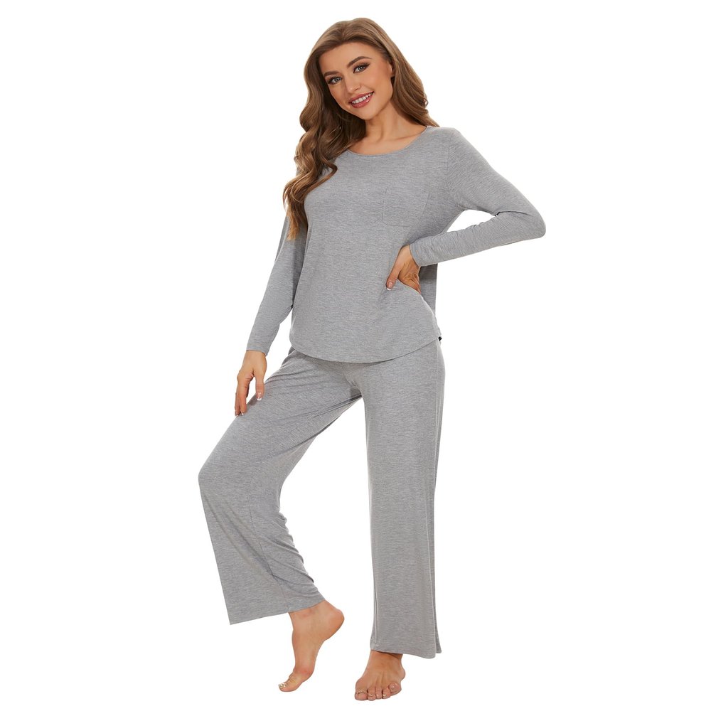 WiWi Women's Pajama Set Soft Long Sleeve Tee Pants Sleepwear Scoop Neck Nightwear with Pockets Pjs S-XXL, Heather Grey, XX-Large
