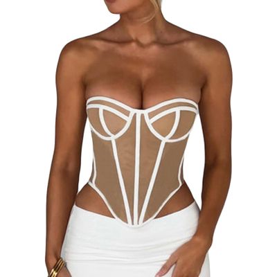 Women Strapless Y2k Crop Top Sleeveless Off Shoulder Contrast Color Patchwork Stitched Sexy Backless Tube Tops Bustier (B White, S)