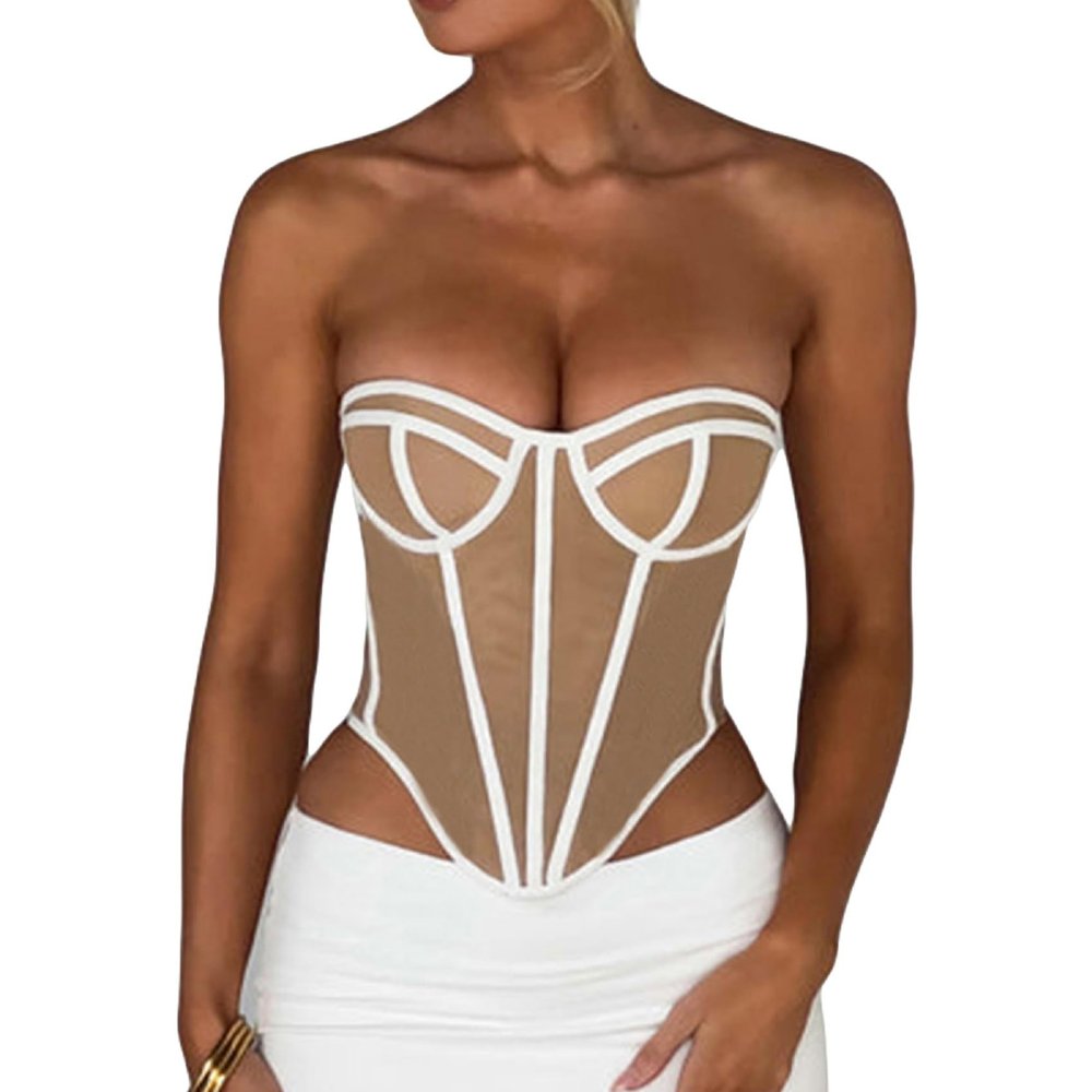 Women Strapless Y2k Crop Top Sleeveless Off Shoulder Contrast Color Patchwork Stitched Sexy Backless Tube Tops Bustier (B White, S)