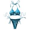 ZGMYC Women's 3 Piece Shiny Metallic Swimsuit Sexy Triangle Bikini Tie Side Thong Festival Outfit with Drawstring Mini Skirt (Blue,Large) view 3