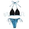 ZGMYC Women's 3 Piece Shiny Metallic Swimsuit Sexy Triangle Bikini Tie Side Thong Festival Outfit with Drawstring Mini Skirt (Blue,Large) view 4