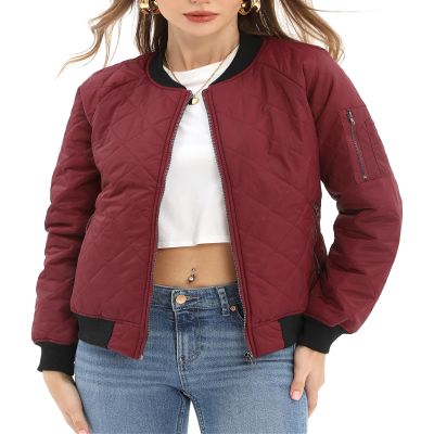 Argstar Wine Red Jacket for Women, Long sleeve Puffer Quilted Casual Padded Outewear Bomber Coat with Pockets XL