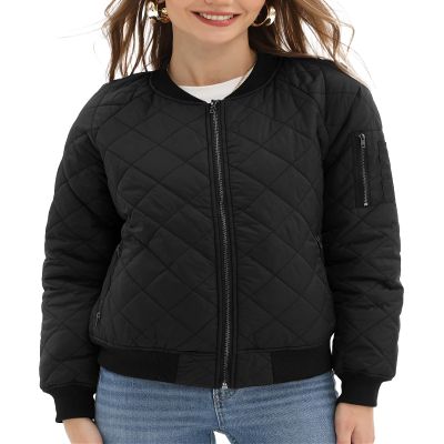 Argstar Bomber Jacket for Women, Long sleeve Puffer Quilted Casual Padded Outewear Coat with 5 Pockets Black M