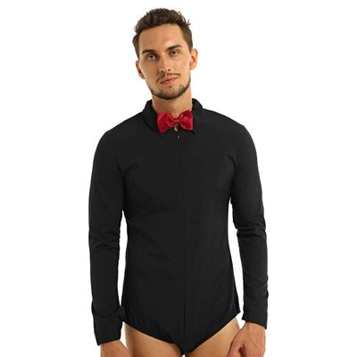 Yartina Men's One-Piece Romper Shirt Dancewear Leotard Long Sleeve Zipper Latin Modern Dance Shirt with Bowtie Black Large