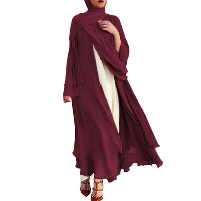 Abaya for Women Muslim, Open Chiffon Cardigan Abaya Dress with Tie Belt East Arabian Casual Full Coverage Islamic Cover Up Long Sleeve Modest Dresses Wine red(no Hijab) L