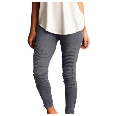 GOKKILRW Stretchy Jeggings for Women High Waisted Stretch Skinny Moto Biker Leggings with Pockets Comfy Pleated Slimming Pull-On Skinny Jeans Denim Pencil Pants(Grey,Small)