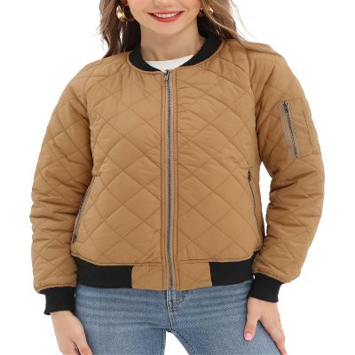 Argstar Puffer Jacket for Women, Long sleeve Quilted Casual Bomber Padded Outewear Coat with 5 Pockets Camel XS