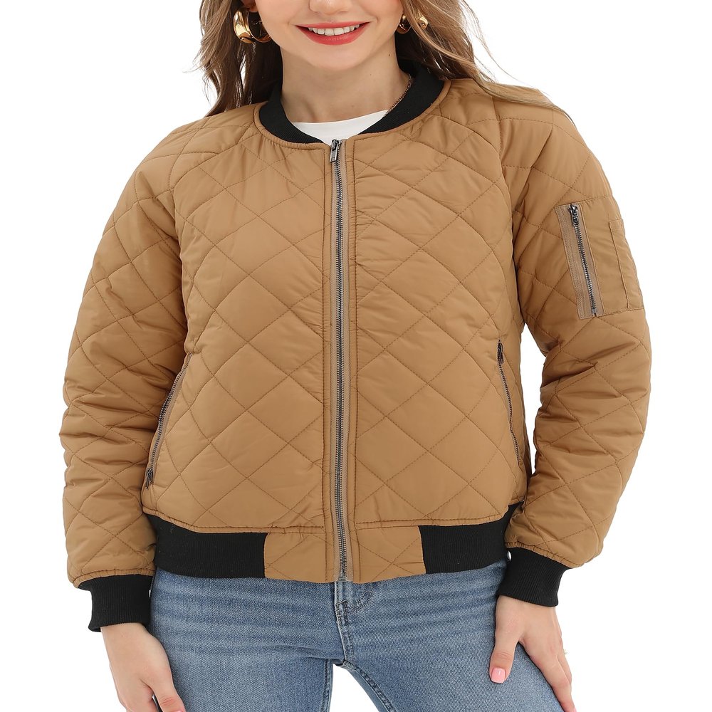 Argstar Puffer Jacket for Women, Long sleeve Quilted Casual Bomber Padded Outewear Coat with 5 Pockets Camel XS