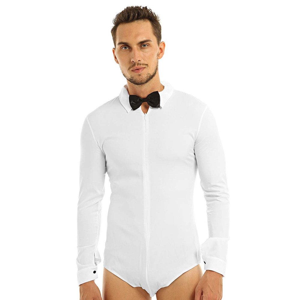 Yartina Men's One-Piece Romper Shirt Dancewear Leotard Long Sleeve Zipper Latin Modern Dance Shirt with Bowtie White Large
