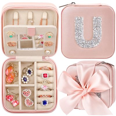 CHMI Travel Gifts for Women Girls,bridesmaids proposal gifts,Small Jewelry Organizer Box,Bridesmaid Proposal Gifts,Wedding Travel Essentials Small Jewelry Box Initial pink U
