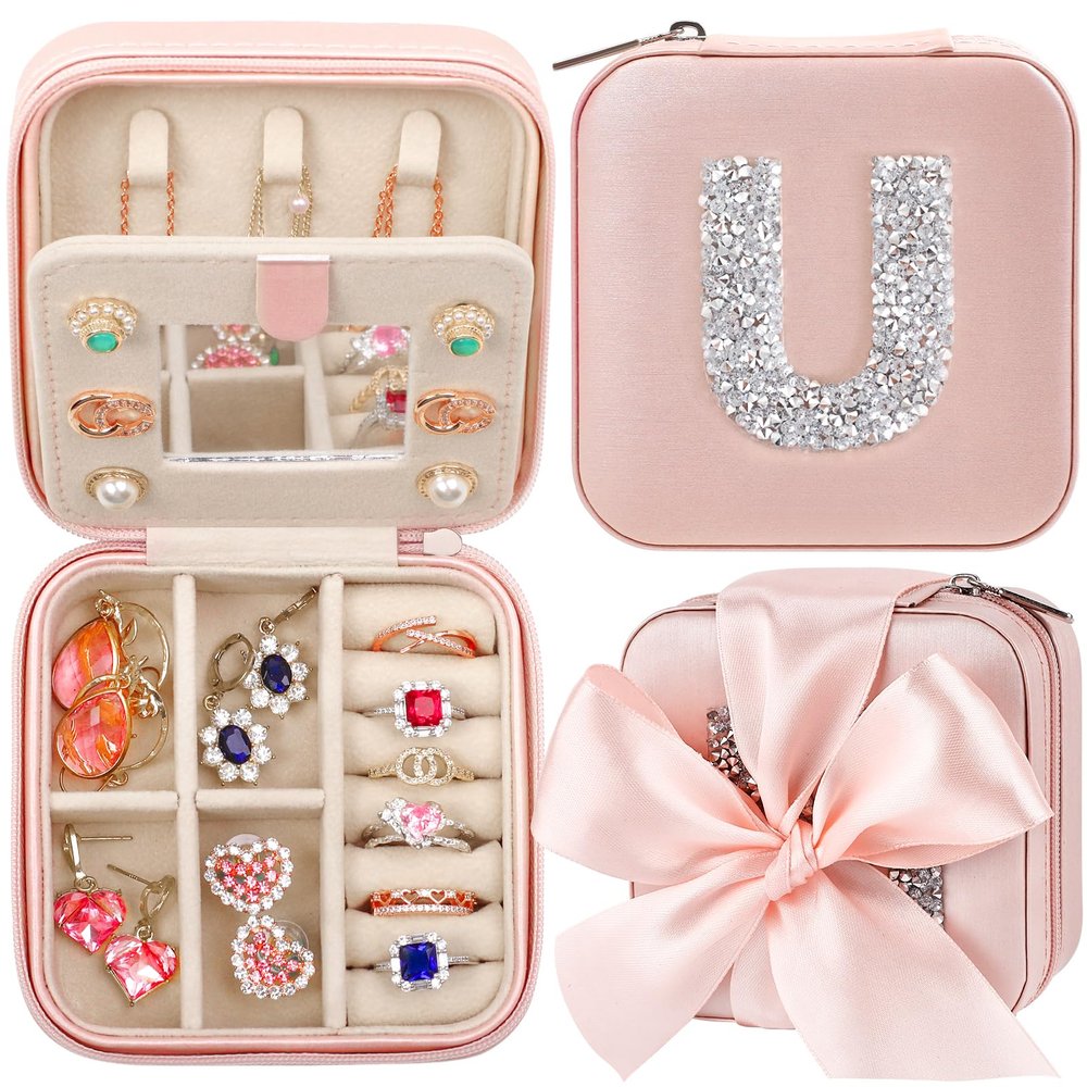 CHMI Travel Gifts for Women Girls,bridesmaids proposal gifts,Small Jewelry Organizer Box,Bridesmaid Proposal Gifts,Wedding Travel Essentials Small Jewelry Box Initial pink U