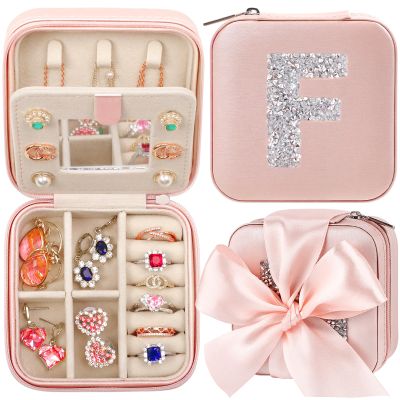 CHMI Small Jewelry Organizer Box,bachelorette gifts for bridesmaids,Travel Initial Jewelry Box for Girls,Travel Jewelry Case,Travel Gifts for Women Girls,Initial pink F