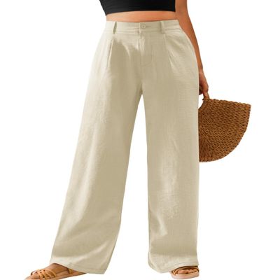 Feiersi Womens Casual Wide Leg Pants High Waisted Button Down Straight Long Trousers Palazzo Pants(Light Khaki,Small)
