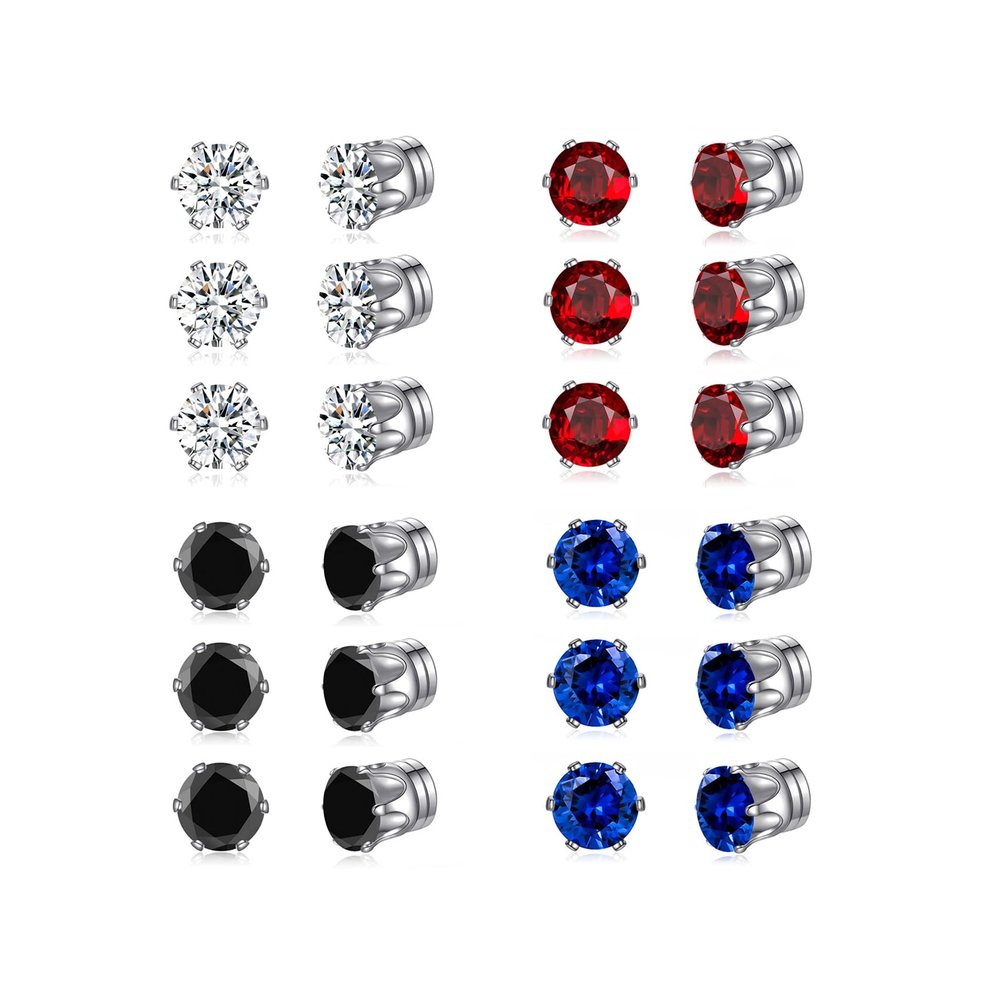 Spiritlele 12 Pairs Red Blue Cubic Zirconia Magnetic Earrings Clip on Non Piercing Earrings Set for Women 5MM