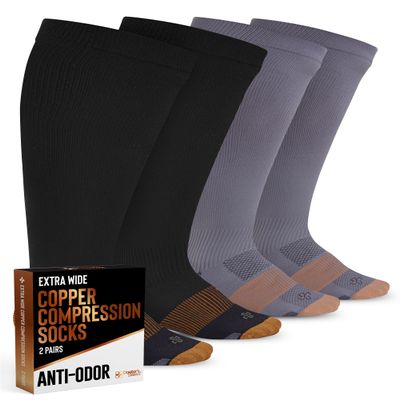 Doctor's Select Copper Plus Size Compression Socks Wide Calf - 2 Pairs | 20-30mmHg Extra Wide Calf Compression Socks Women for Swelling & Circulation Support | Black & Gray