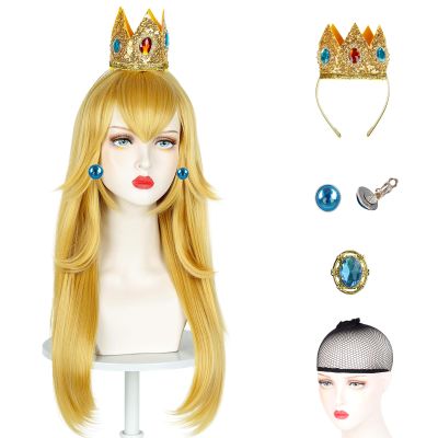 Askuang Long Blonde Wig for Princess Cosplay,5 Piece Set Yellow Blonde Halloween Cosplay Wig Costume Party Wigs with Crown,Brooch,Earrings,Wig Caps