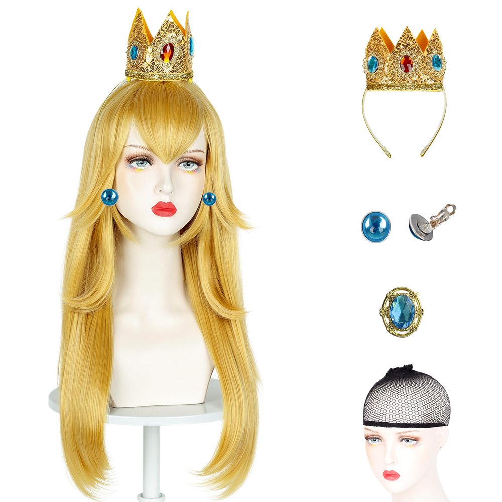 Askuang Long Blonde Wig for Princess Cosplay,5 Piece Set Yellow Blonde Halloween Cosplay Wig Costume Party Wigs with Crown,Brooch,Earrings,Wig Caps