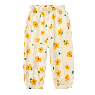 Easygou Toddler Casual Long Pants Trousers Summer Fall Kids Baby Boy Girl Cotton Linen Bloomer Elastic Basic Harem Pants Joggers 1-8T (Z# Yellow Flower,1-2T,US,Age,1 Year,2 Years,Toddler)