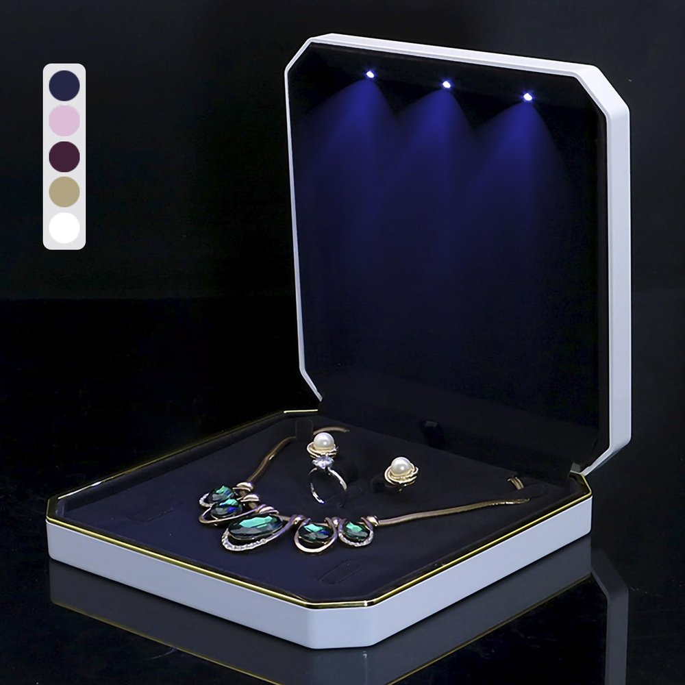 HSLFUAI Necklace Box with Led,Jewelry Box for Necklace, Jewelry Gift Box for Wedding, Birthday, Valentine' Day, Mother'S Day, Christmas,Black Velvet Interior Necklace Box(White)