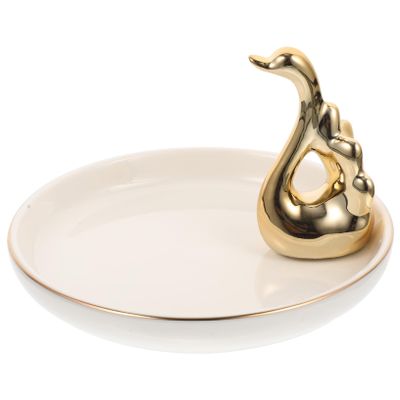 FONDOTIN Jewelry Storage Tray Swan Decor Ceramic Plate for Earring Holder Sundries