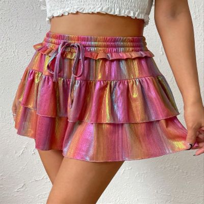 AKIOLOAS Women's Shorts Drawstring Waist Two Layer Hem Metallic Skort Women's Shorts Shorts for Women (Color : Multicolor, Size : Small)