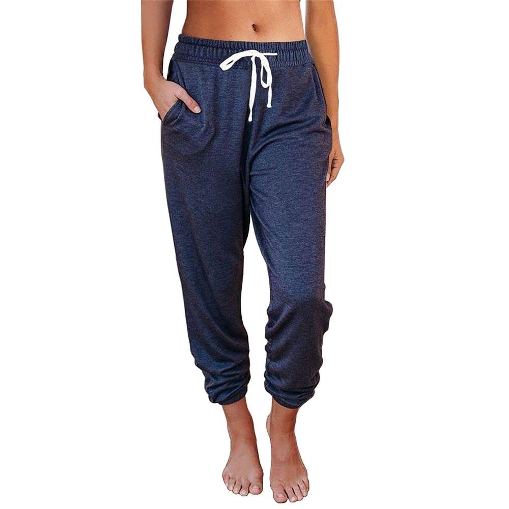 Canbebig Womens Jogger Pants 2023 Soft Casual Drawstring Tie Elastic Waist Loose Jogging Trousers Solid Sweatpants with Pockets Dark Blue