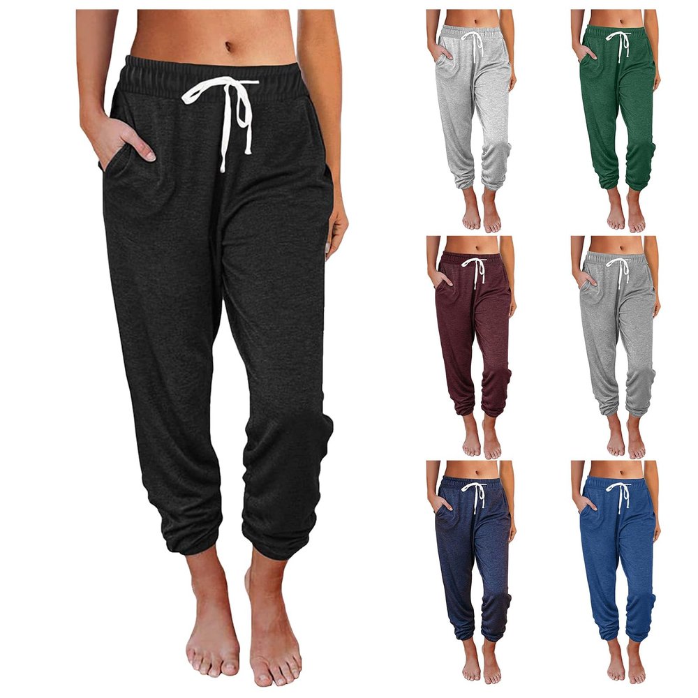 Canbebig Womens Jogger Pants 2023 Soft Casual Drawstring Tie Elastic Waist Loose Jogging Trousers Solid Sweatpants with Pockets Black