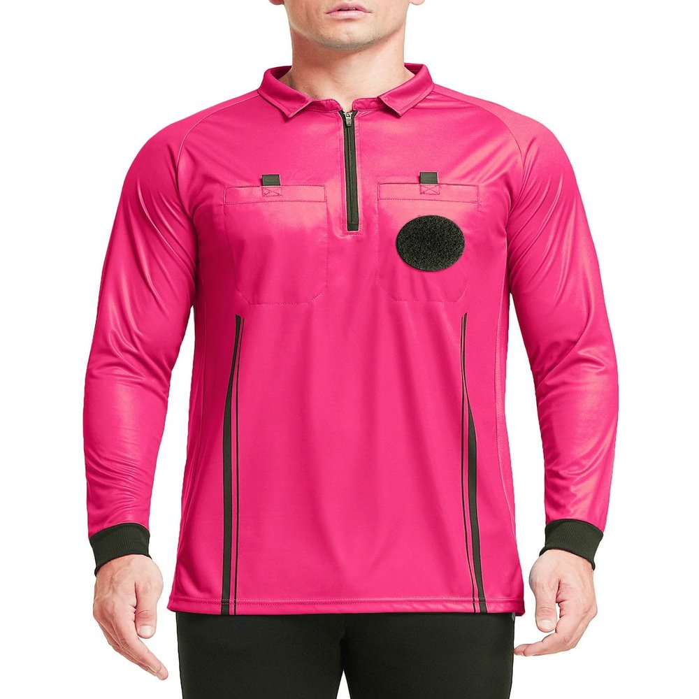 FitsT4 Sports Men's Pro Soccer Referee Jersey Long Sleeve Ref Shirt Fluorescent Pink Medium