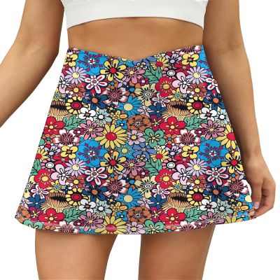 LouKeith Tennis Skirts for Women Pleated Crossover High Waisted Athletic Workout Golf Skorts Skirts with Shorts Pocket Colorful Flowers S