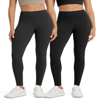ODODOS Women's High Waist Workout Leggings 2-Pack Tummy Control Full Length Yoga Pants - 25" Inseam, ODLEX Fabric-Squat Proof, Black+Onyx Black Grey, Large