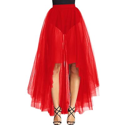 WDPL Women's Maxi High Low A-line Layers Tulle Sheer Evening Skirt (Red, Large)