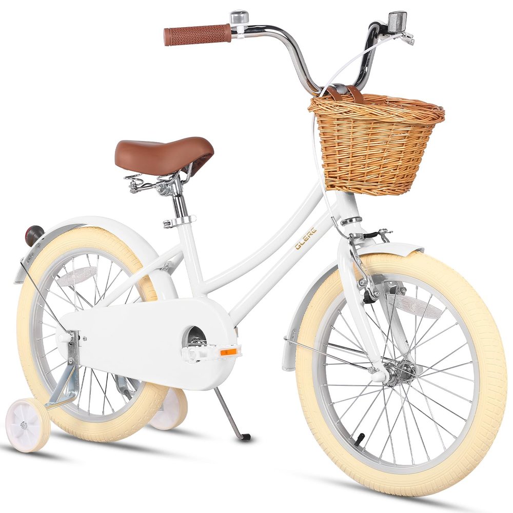Glerc Little Molly 18 Inch Kids Bike, Retro Cruiser Girls Bike for Children Ages 5-9 Years Old, Kids Bicycle with Wicker Basket & Kickstand, White