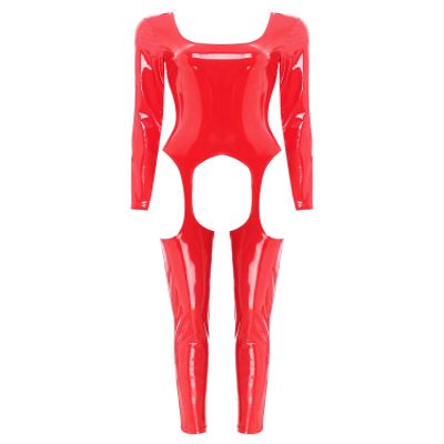 YiZYiF Womens One Piece Bodysuit Hollow Out Full Body Jumpsuit Wet Look Leather Catsuit Clubwear Red X-Large