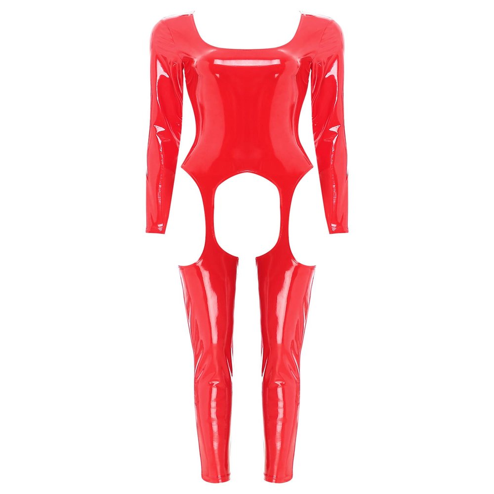 YiZYiF Womens One Piece Bodysuit Hollow Out Full Body Jumpsuit Wet Look Leather Catsuit Clubwear Red X-Large