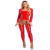 YiZYiF Womens One Piece Bodysuit Hollow Out Full Body Jumpsuit Wet Look Leather Catsuit Clubwear Red X-Large view 2