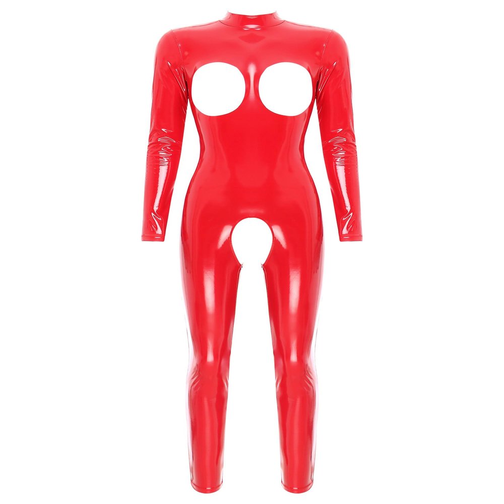 YONGHS Woman's Latex Jumpsuit Wet Look Patent Leather Hollow Out Long Sleeve Catsuit Zipper Bodysuit Red Small