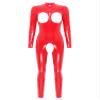 YONGHS Woman's Latex Jumpsuit Wet Look Patent Leather Hollow Out Long Sleeve Catsuit Zipper Bodysuit Red Small view 1