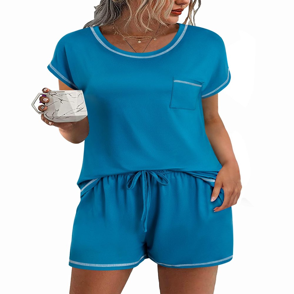 Ekouaer Womens Pajama Sets 2 Piece Soft Short Sleeve Top and Shorts Sleepwear Round Neck Pjs Lounge Set with Pockets Blue Green XX-Large