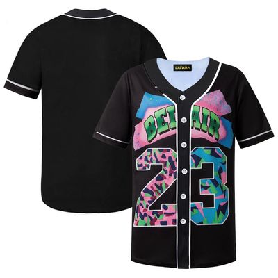 TIFIYA Bel-Air #23 Baseball Jersey Short Sleeve Button Down Baseball Shirts for 80s 90s Theme Birthday Party TT012-Black2-XL