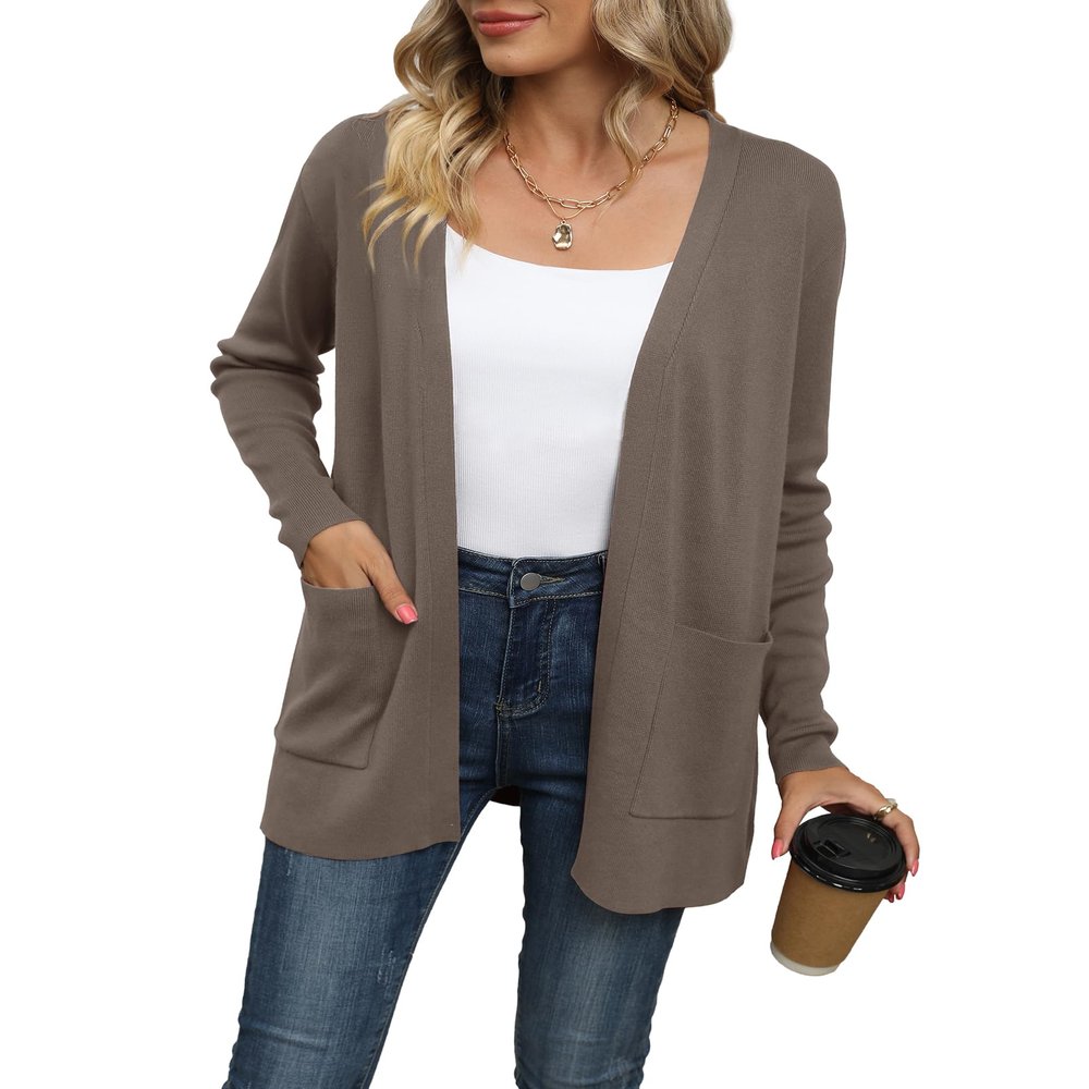 LILBETTER Women's 2023 Fall Winter Long Sleeve Open Front Casual Lightweight Soft Knit Cardigan Sweater Outerwear(Brown,Medium)