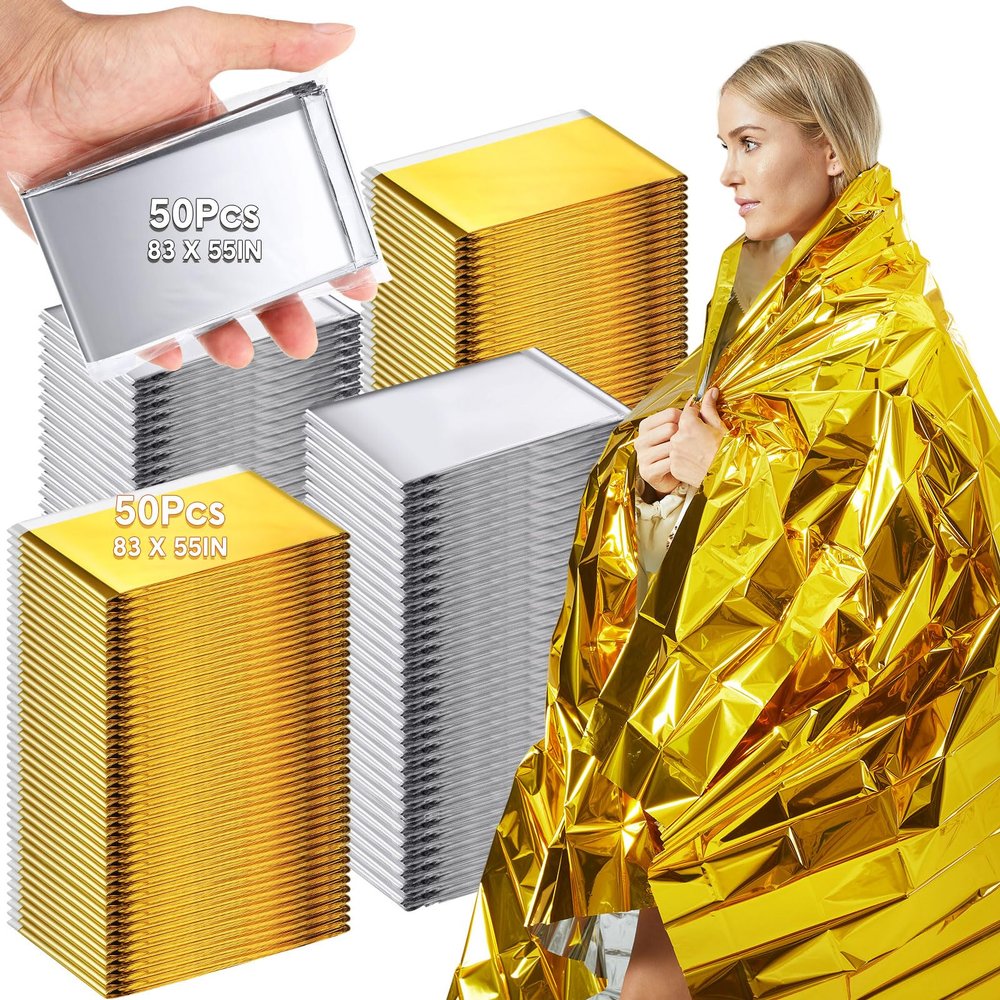 Copkim 100 Pcs Emergency Blankets for Survival 83 x 55 Emergency Foil Thermal Reflective Space Blanket Bulk Waterproof Individually Wrap Survival for Car Camping Outdoor Homeless (Gold Silver)