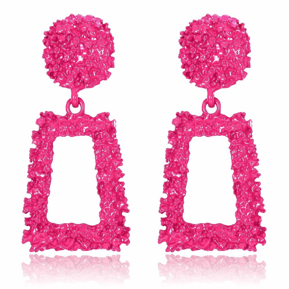 Jstyle Gold Statement Clip On Earrings for Women, Big Rectangle Geometric Dangle Clip Earrings Fashion Large Gold Silver Hot Pink Drop Earrings for Women Non Pierced Pink Tone B