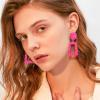 Jstyle Gold Statement Clip On Earrings for Women, Big Rectangle Geometric Dangle Clip Earrings Fashion Large Gold Silver Hot Pink Drop Earrings for Women Non Pierced Pink Tone B view 2