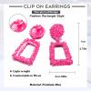Jstyle Gold Statement Clip On Earrings for Women, Big Rectangle Geometric Dangle Clip Earrings Fashion Large Gold Silver Hot Pink Drop Earrings for Women Non Pierced Pink Tone B view 4