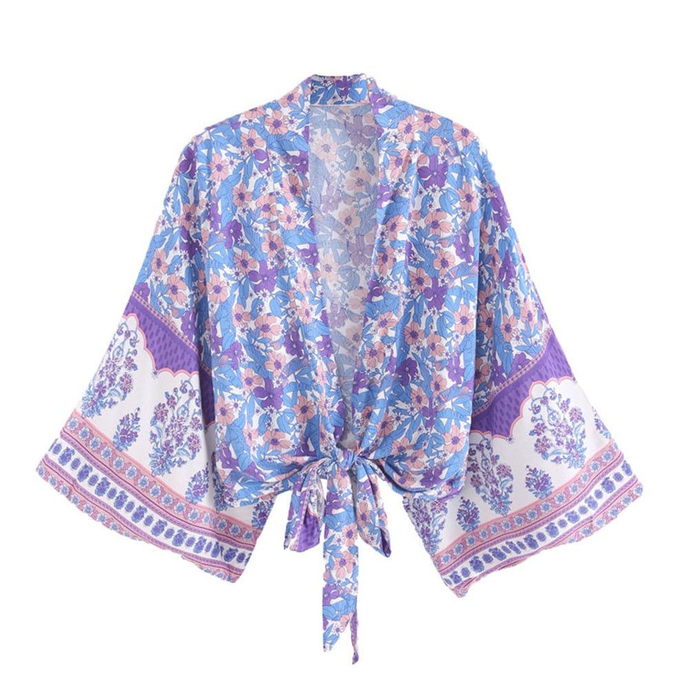 Boho Wrap Kimono Tops Casual Lace Ups Batwing Sleeve Short Robes Summer Cover Ups Women