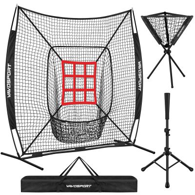 VAVOSPORT 7x7' Baseball Net Set - Portable Softball & Baseball Net for Hitting and Pitching, Batting Tee, Ball Caddy, Strike Zone, Baseball Training Equipment for Youth Practice, Games, Adult Sports