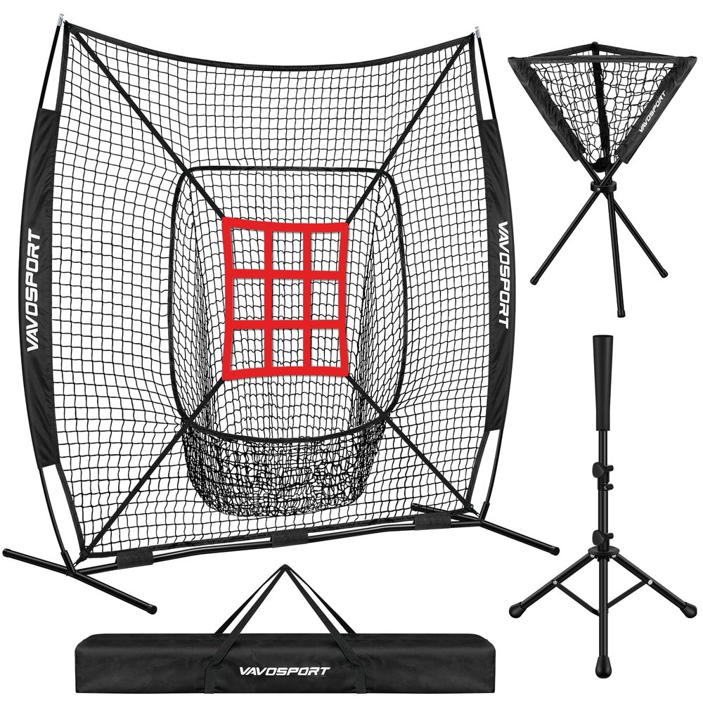 VAVOSPORT 7x7' Baseball Net Set - Portable Softball & Baseball Net for Hitting and Pitching, Batting Tee, Ball Caddy, Strike Zone, Baseball Training Equipment for Youth Practice, Games, Adult Sports