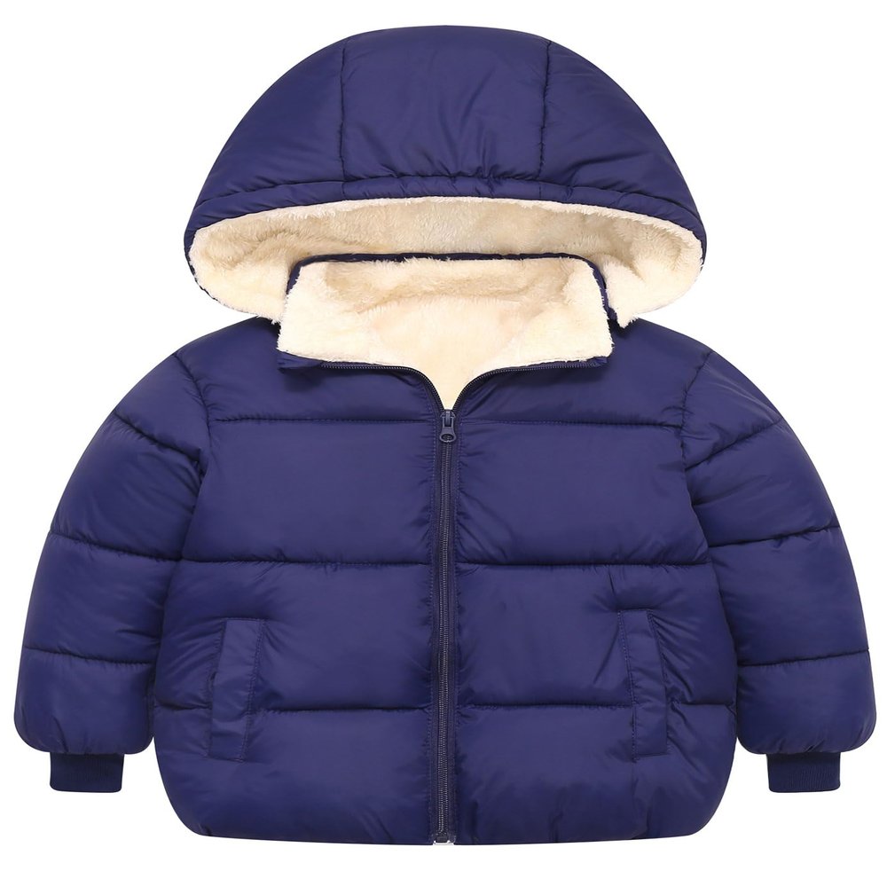 Baby Boys Girls Winter Coat 1 2 Year Infants Navy Blue Fleece Outerwear 12-18 Months Newborn Puffer Jackets for Babies Thicken Plush Down Alternative with Removable Fur Hooded 1st New Year Jackets