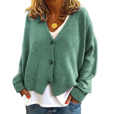 ebossy Women's Vintage Preppy Cable Knit Cardigan Sweather Casual Plain Artistic Aesthetic Oversized Crop Jacket Top (XL, Green)