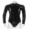 Lejafay Men's Zipper Boxer Shorts Bodycon Patent Leather Long Sleeve Leotard Bodysuit Jumpsuits Zipper Black A X-Large view 2